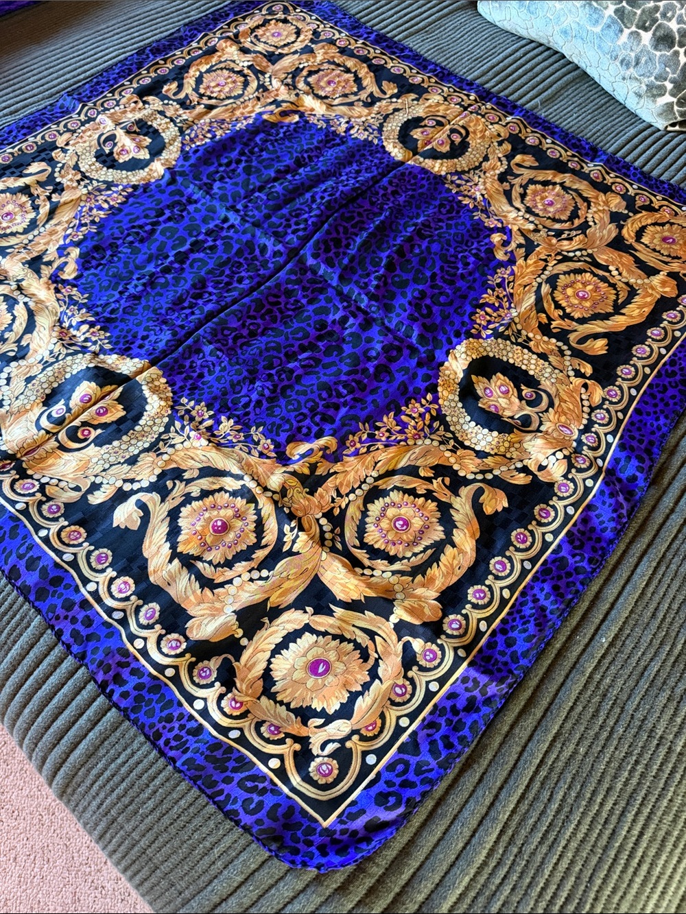 Ornate Blue and Gold Silk-Style Fashion Scarf 32” x 32”